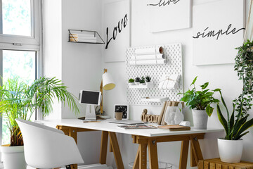 Interior of light office with workplace, pegboard and houseplants