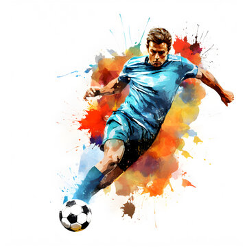 soccer players with ball, soccer players in action, watercolor