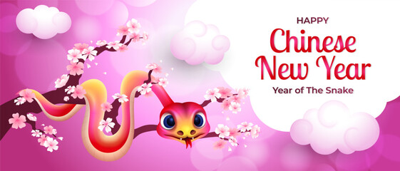 Happy Chinese New Year of the snake banner, with cute cartoon snake on the branch of cherry blossom tree