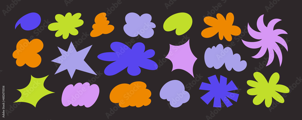 Wall mural abstract retro shapes and funky groovy forms. vector geometric stickers with different elements in c
