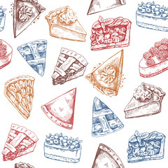 Seamless pattern of hand-drawn traditional cakes, tarts and pies in sketch style. Sweet bakery. Top view. Thanksgiving, Christmas. - obrazy, fototapety, plakaty