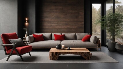 Japanese Aesthetics in Modern Living: Rustic Sofa, Red Cushions, and Coffee Table Near a Fireplace - Elegant Interior Design