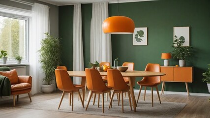 Scandinavian Elegance: Orange Leather Chairs And Round Dining Table Against Green Wall - Stylish Interior Design Trend