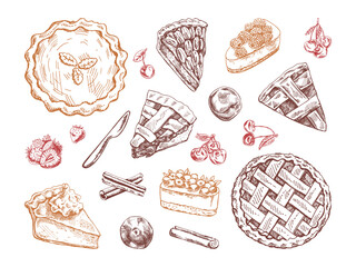 Hand-drawn vintage set of traditional cakes, tarts and pies sketch. Sweet bakery. Top view. Vector collection of ink baking illustration. Food for Thanksgiving, Christmas.