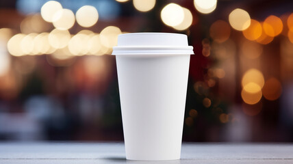 paper cup with blurry christmas background, AI Generative.