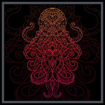 Gradient Colorful Kraken octopus mandala arts isolated on black background