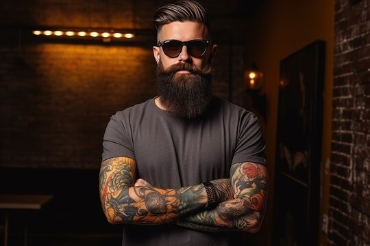 Portrait of bearded hipster with a tattoo on his arms
