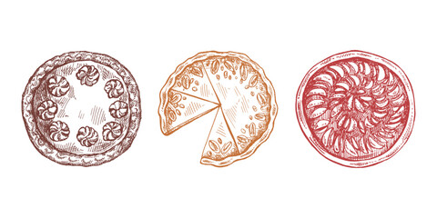 Hand-drawn vintage set of traditional cakes and pies sketch. Sweet bakery, fruit, berries, pumpkin. Top view. Vector collection of ink baking illustration. Food for Thanksgiving, Christmas.