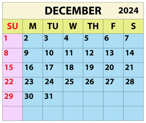 2024 December month calendar Color vector illustrator calendar design. 