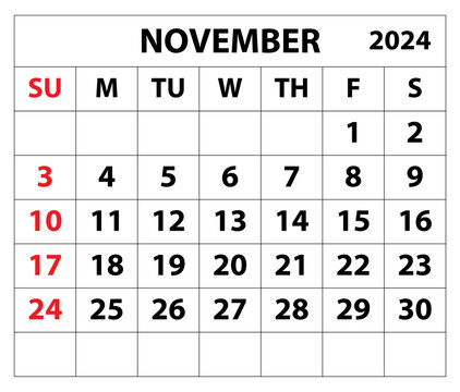 2024 November month calendar Color vector illustrator calendar design. 