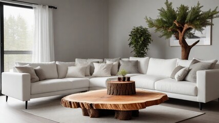Serene Living Space: Rustic Live Edge Tree Stump Coffee Table Near White Corner Sofa in a Modern Scandinavian Living Room - Stylish Interior Design