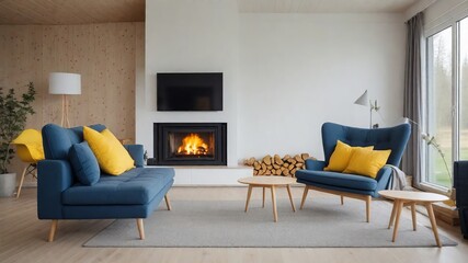 Lively Splendor: Suprematism Style Interior Design with a Blue Sofa And Yellow Cussions in a Modern Living Room - Stylish Interior Design