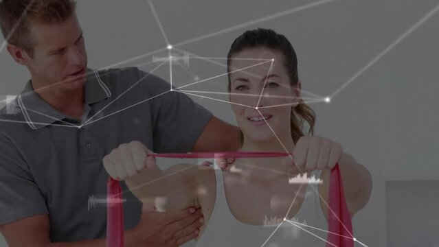 Animation of network of connections with data processing over caucasian physiotherapist and patient