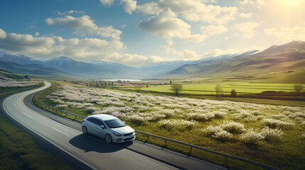 a high-angle view photography of a modern car driving in spring fields with the mountains in the background. - obrazy, fototapety, plakaty