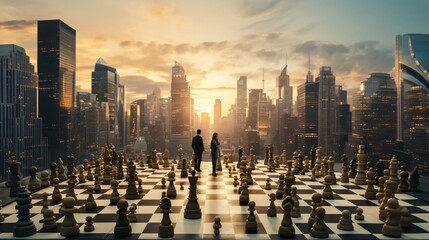 a chess board with a city skyline in the background