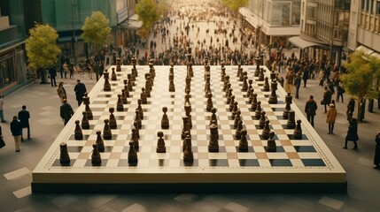 a large chess board in a city
