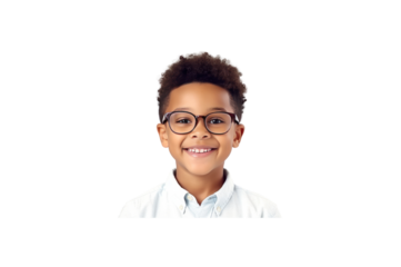 Cute African American boy wearing big glasses Isolated on transparent background.