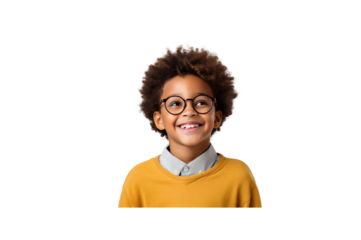 Cute African American boy wearing big glasses Isolated on transparent background.