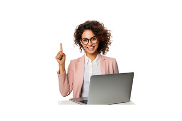 Cheerful smart woman using laptop showing winking OK sign Isolated on wide angle lens on transparent background