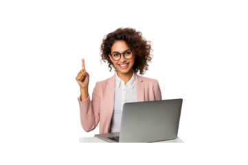 Cheerful smart woman using laptop showing winking OK sign Isolated on wide angle lens on transparent background