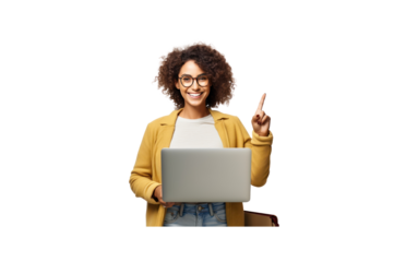 Cheerful smart woman using laptop showing winking OK sign Isolated on wide angle lens on transparent background