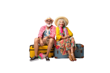 Elderly tourist couple sitting on suitcases holding passports and hands pointing at copy space. On a transparent studio background