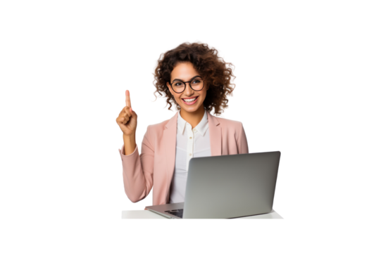Cheerful smart woman using laptop showing winking OK sign Isolated on wide angle lens on transparent background