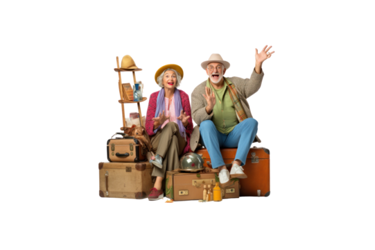 Elderly tourist couple sitting on suitcases holding passports and hands pointing at copy space. On a transparent studio background