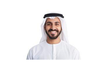 Handsome young Arab Emirati man dressed in traditional clothing smiling looking at camera against transparent background.
