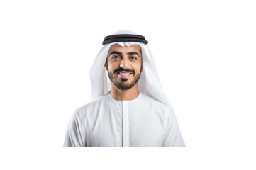 Handsome young Arab Emirati man dressed in traditional clothing smiling looking at camera against transparent background.