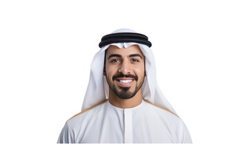 Handsome young Arab Emirati man dressed in traditional clothing smiling looking at camera against transparent background.