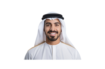 Handsome young Arab Emirati man dressed in traditional clothing smiling looking at camera against transparent background.
