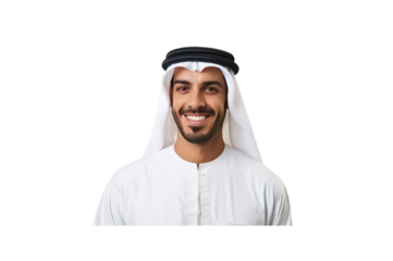 Handsome young Arab Emirati man dressed in traditional clothing smiling looking at camera against transparent background.