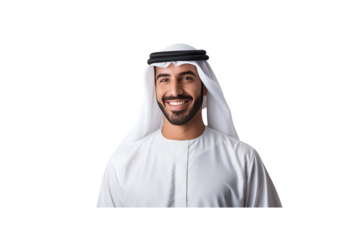 Handsome young Arab Emirati man dressed in traditional clothing smiling looking at camera against transparent background.