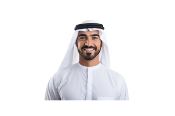 Handsome young Arab Emirati man dressed in traditional clothing smiling looking at camera against transparent background.