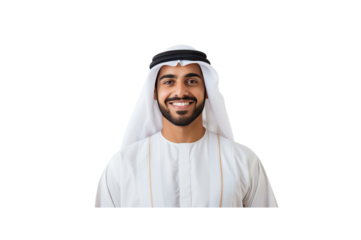 Handsome young Arab Emirati man dressed in traditional clothing smiling looking at camera against transparent background.