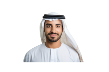 Handsome young Arab Emirati man dressed in traditional clothing smiling looking at camera against transparent background.