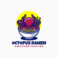 Vector Logo Illustration Octopus Ramen Mascot Cartoon Style.