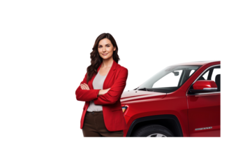 Full body view of young man leaning on SUV isolated on transparent background.
