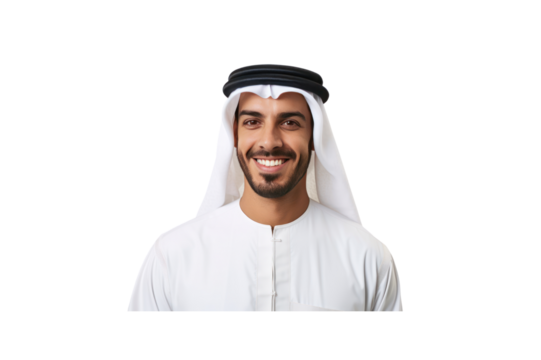 Handsome young Arab Emirati man dressed in traditional clothing smiling looking at camera against transparent background.