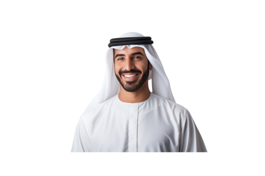 Handsome young Arab Emirati man dressed in traditional clothing smiling looking at camera against transparent background.