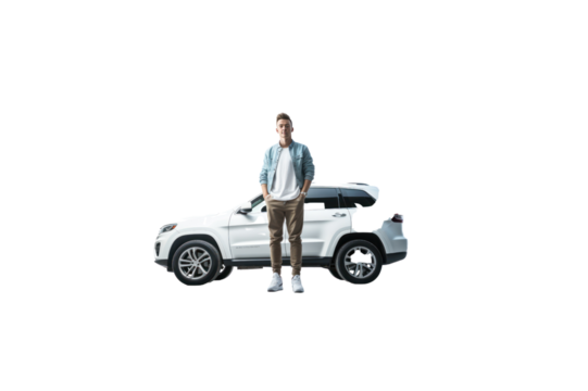 Full body view of young man leaning on SUV isolated on transparent background.