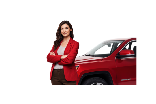 Full body view of young man leaning on SUV isolated on transparent background.