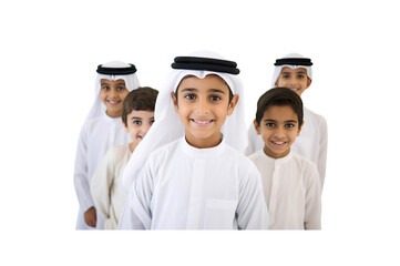 Emirati children wearing traditional clothing smile looking at the camera against a transparent...