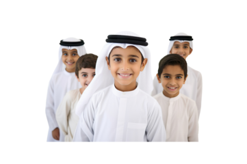 Emirati children wearing traditional clothing smile looking at the camera against a transparent background.