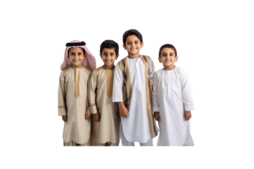 Emirati children wearing traditional clothing smile looking at the camera against a transparent background.