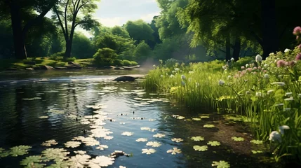 Foto op Canvas a river with lily pads and flowers © KWY