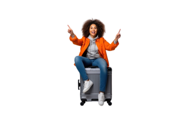 Black female tourist sits on a suitcase holding a passport and hands pointing at the photocopying area. On a transparent studio background