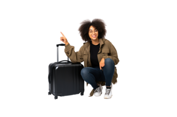 Black female tourist sits on a suitcase holding a passport and hands pointing at the photocopying area. On a transparent studio background