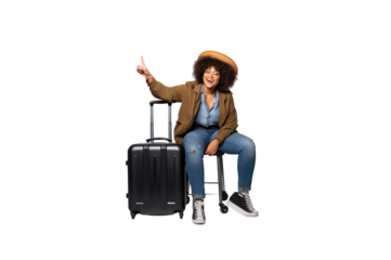 Black female tourist sits on a suitcase holding a passport and hands pointing at the photocopying area. On a transparent studio background